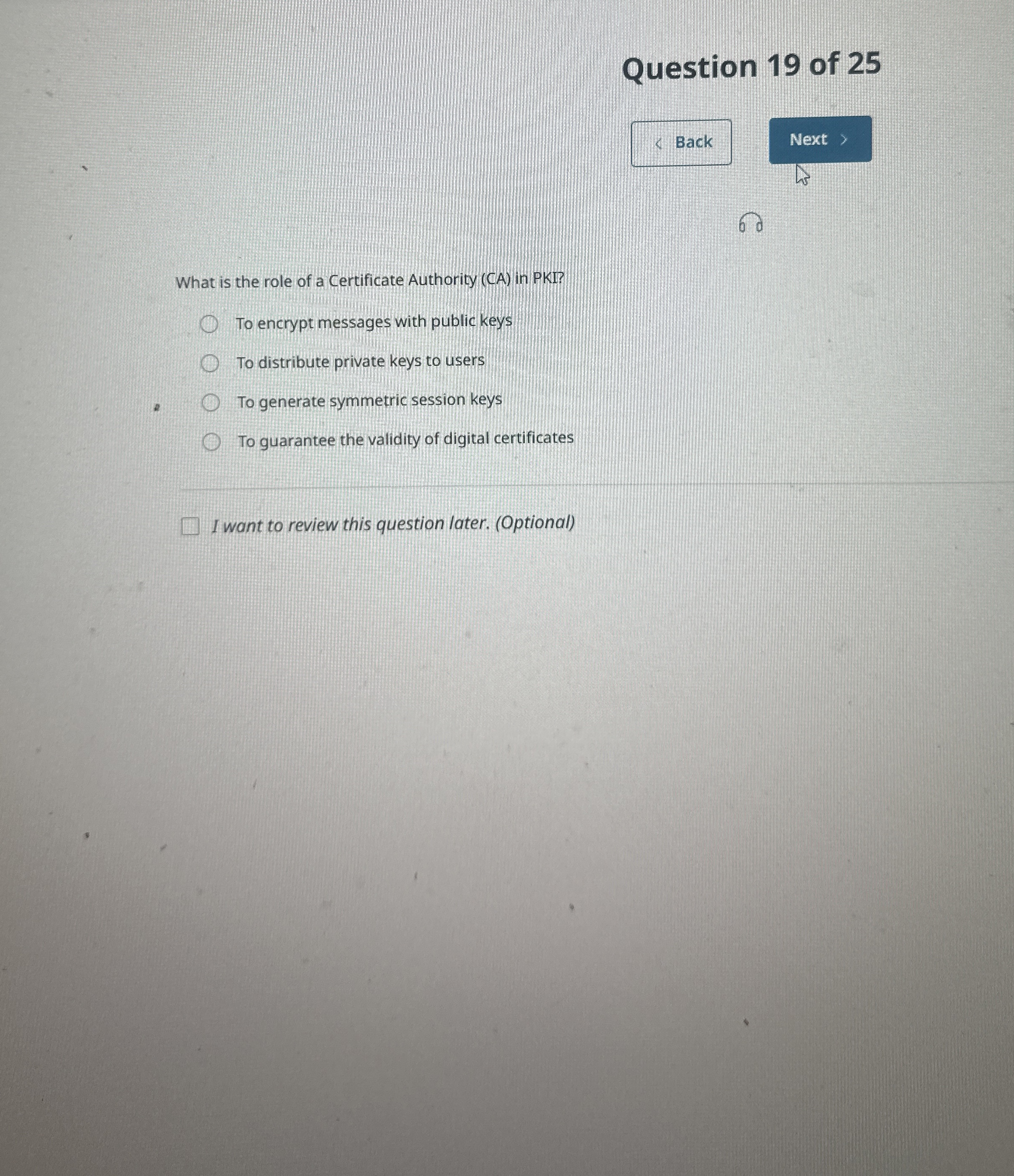 Question 1 9 of 2 5 Back Next  style=