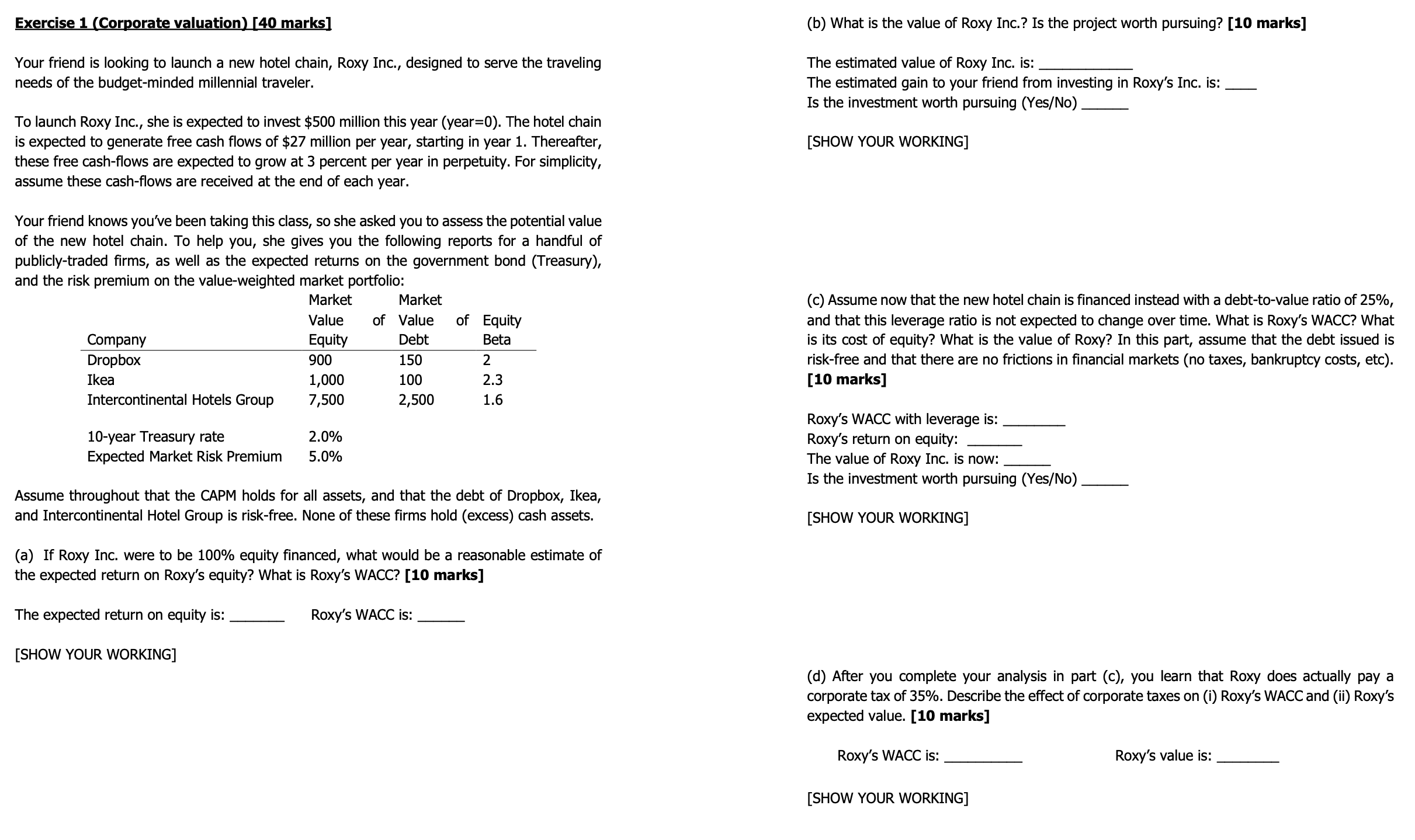 Exercise 1 (Corporate valuation) [40 marks] (b)