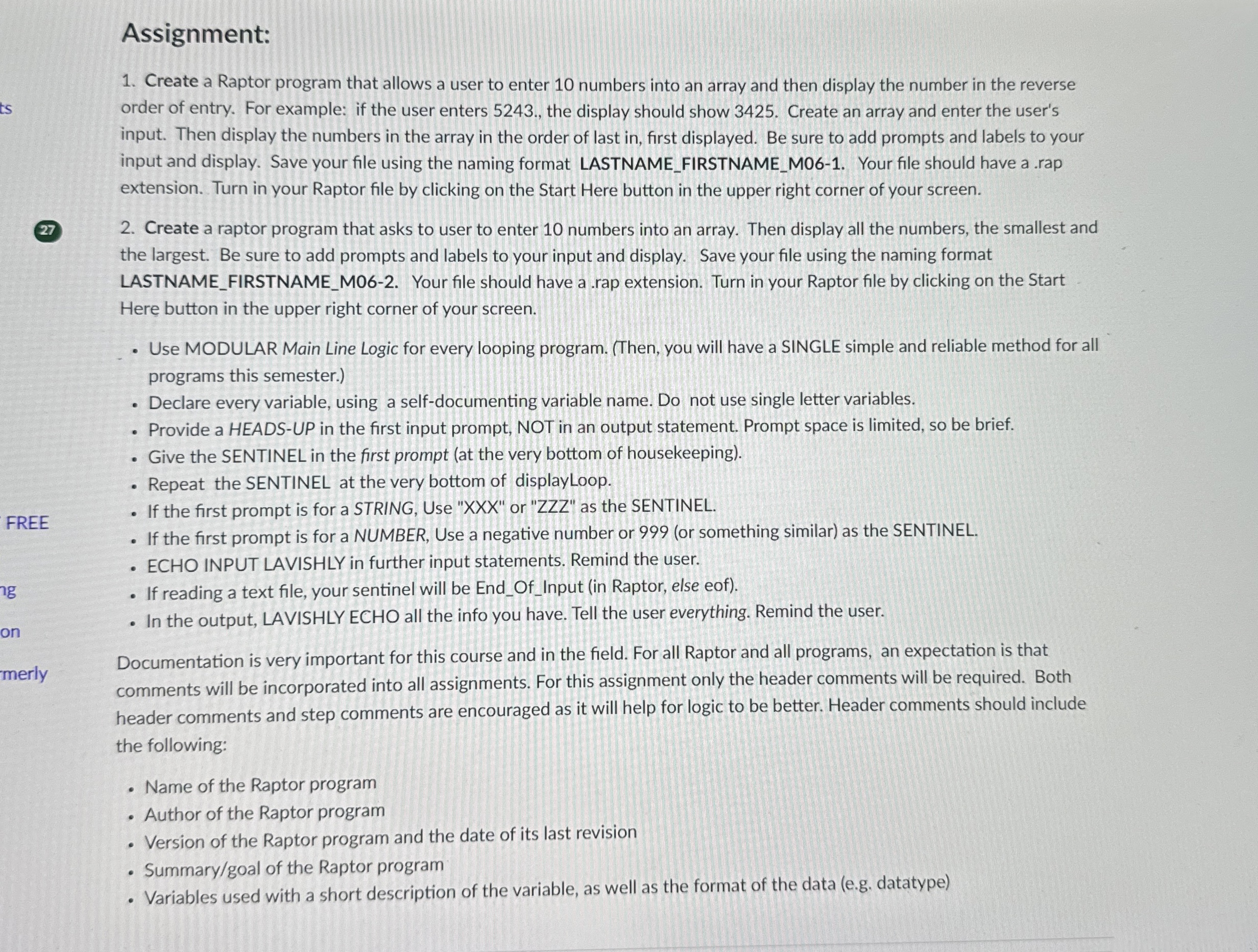 M 0 6 Raptor using arrays Assignment: Create a