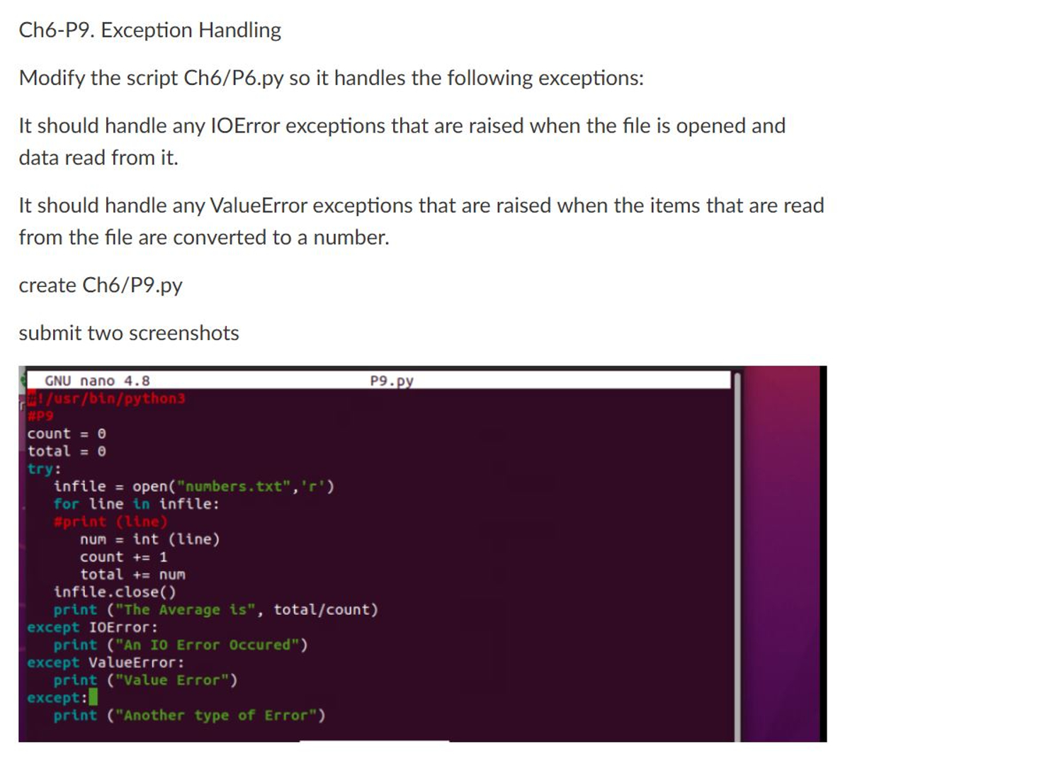 Ch 6 - P 9 . Exception Handling Modify the script