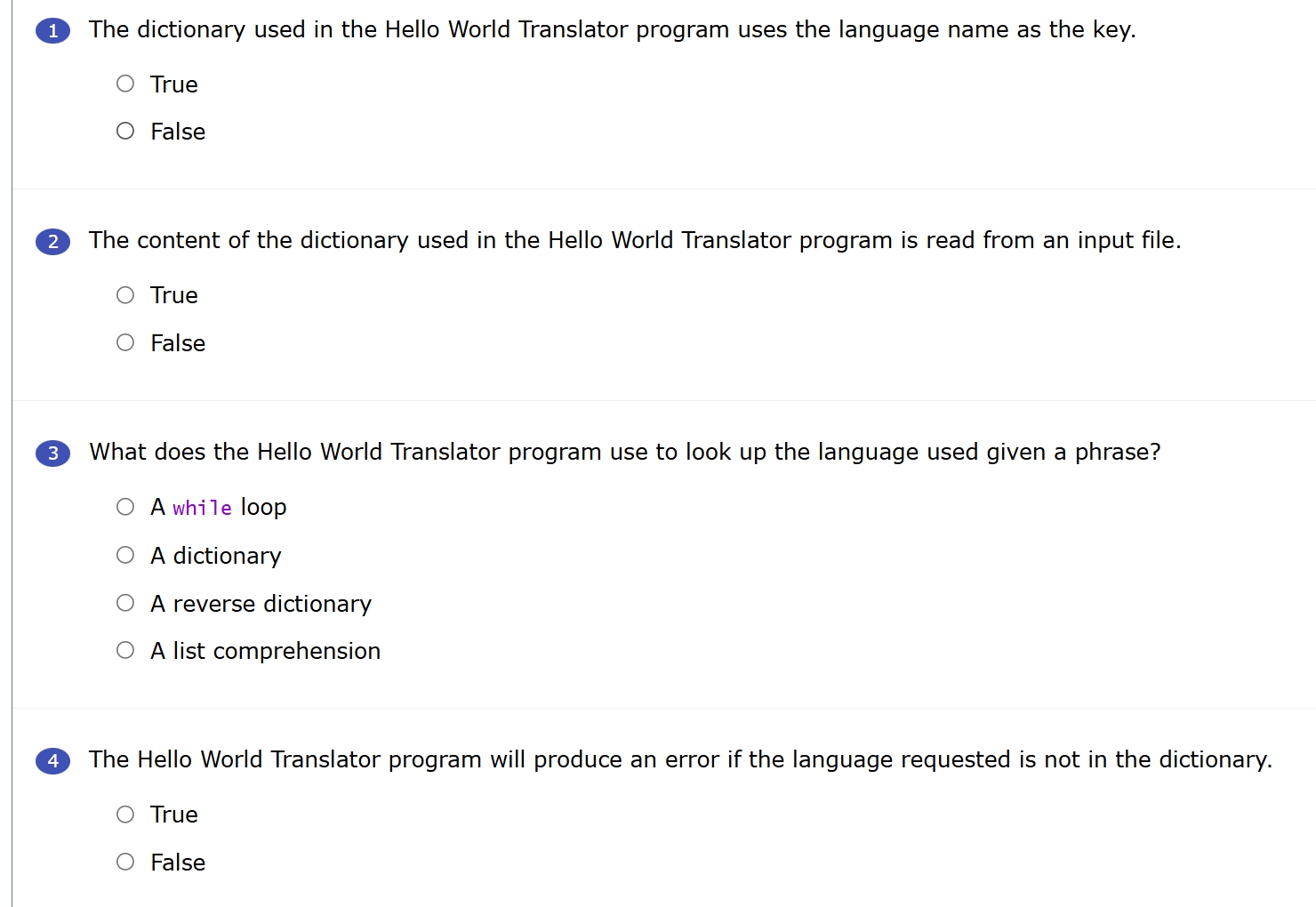 The dictionary used in the Hello World Translator
