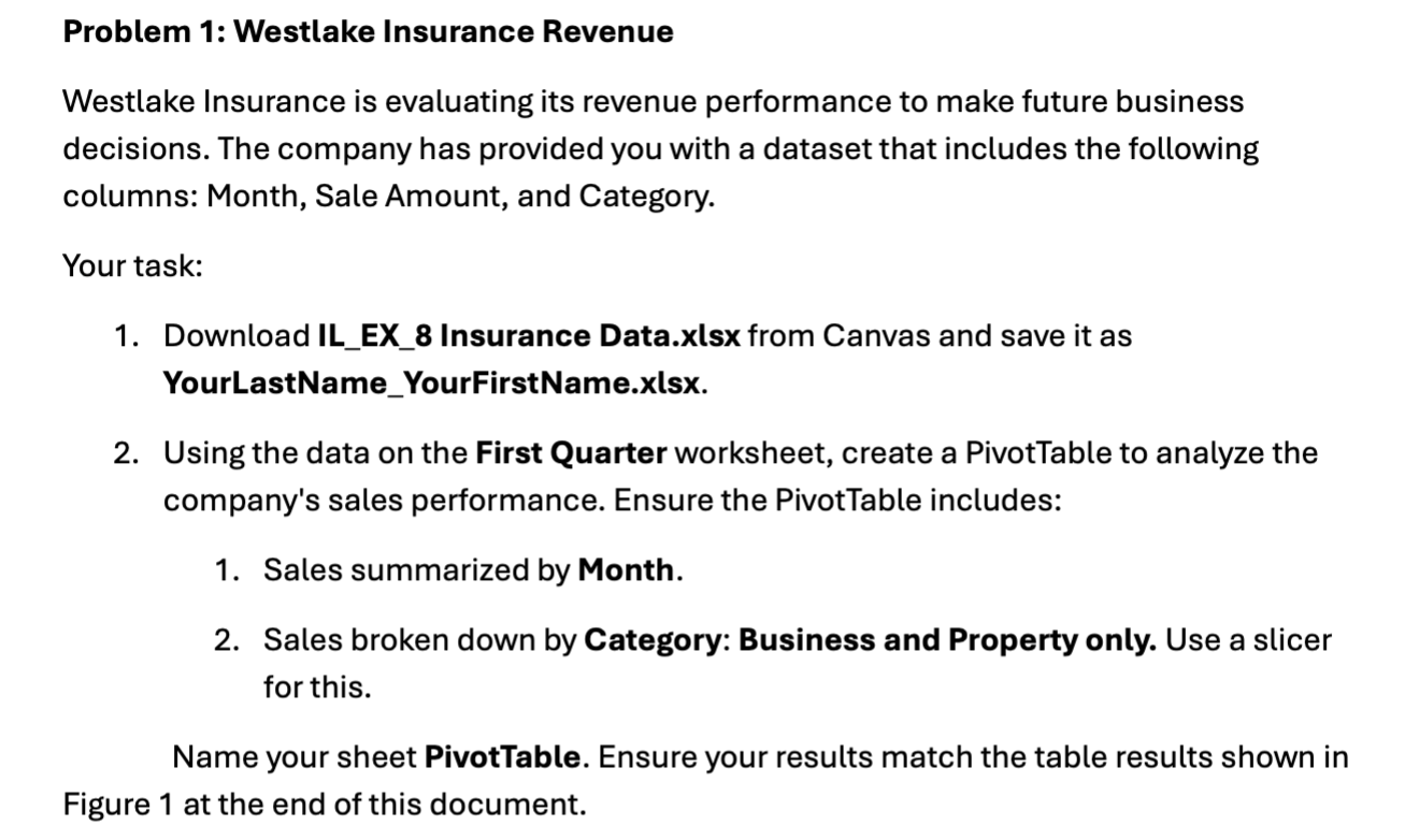Problem 1 : Westlake Insurance Revenue Westlake