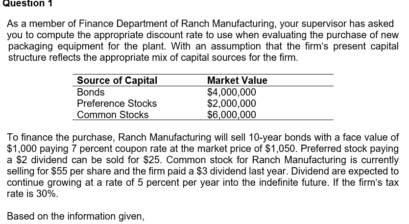 Question 1 As a member of Finance Department of