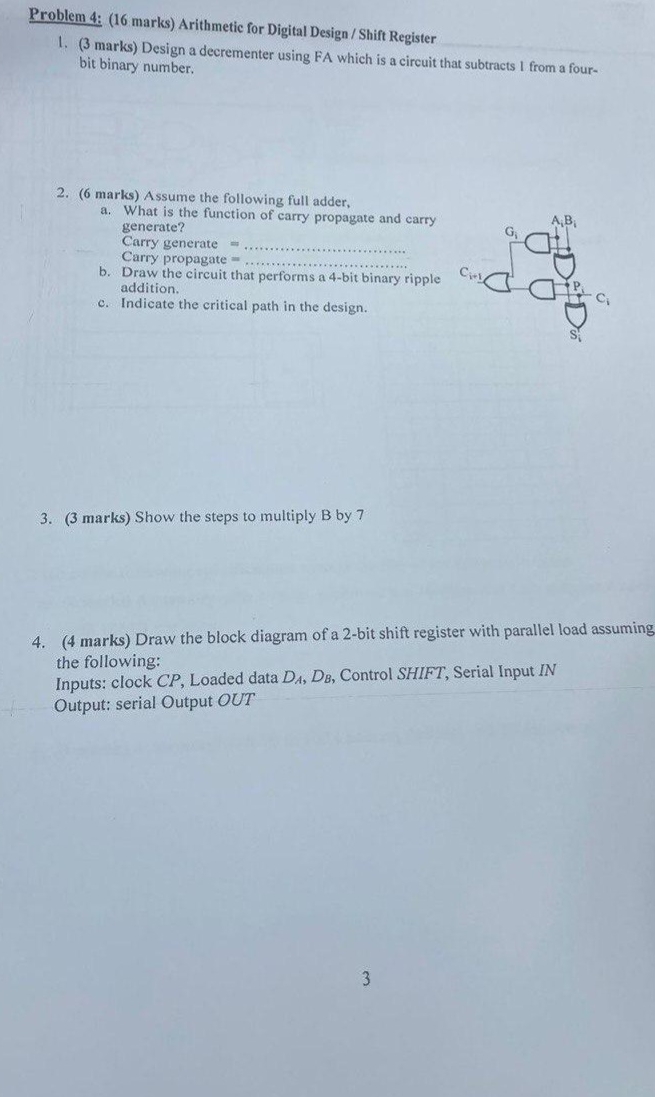 Problem 4 : ( 1 6 marks ) Arithmetic for Digital
