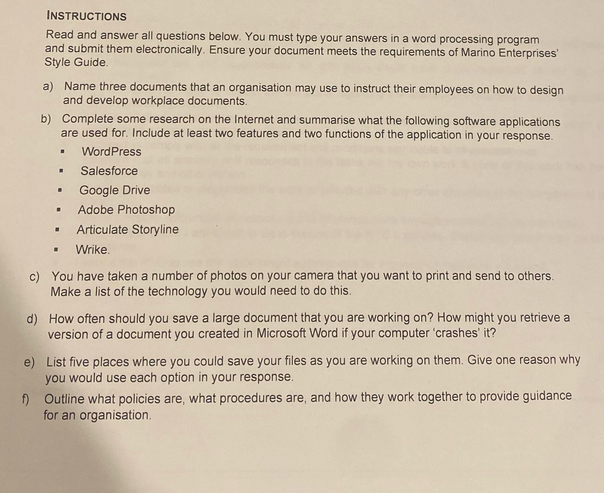 INSTRUCTIONS Read and answer all questions below.