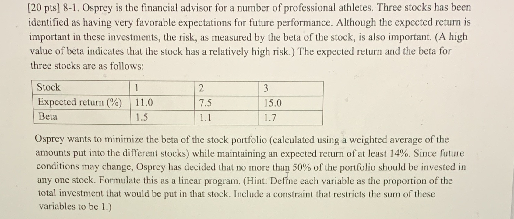 [20 pts] 8-1. Osprey is the financial advisor for