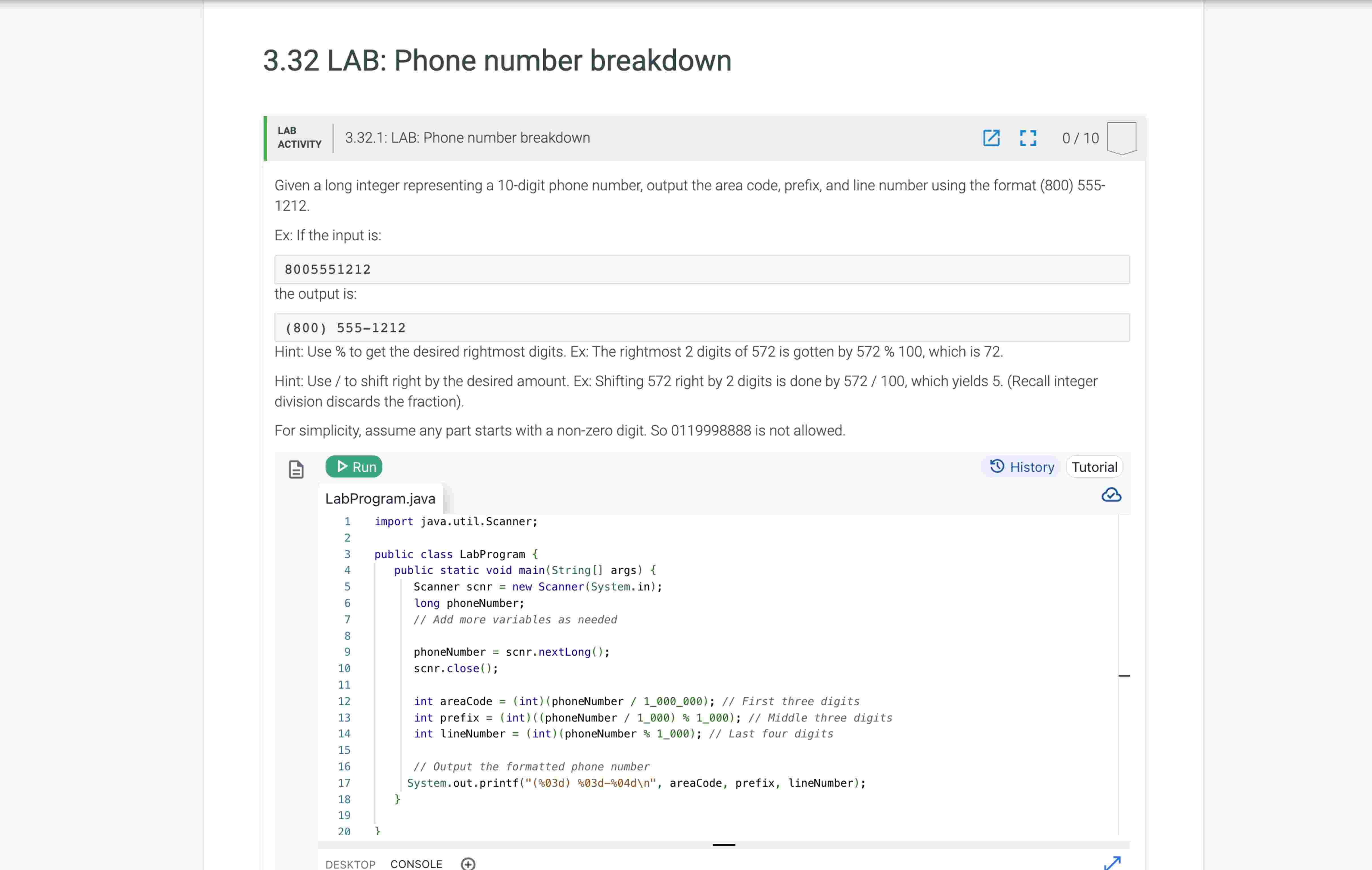 3 . 3 2 LAB: Phone number breakdown LAB 3 . 3 2 .