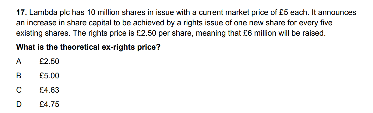 17. Lambda plc has 10 million shares in issue