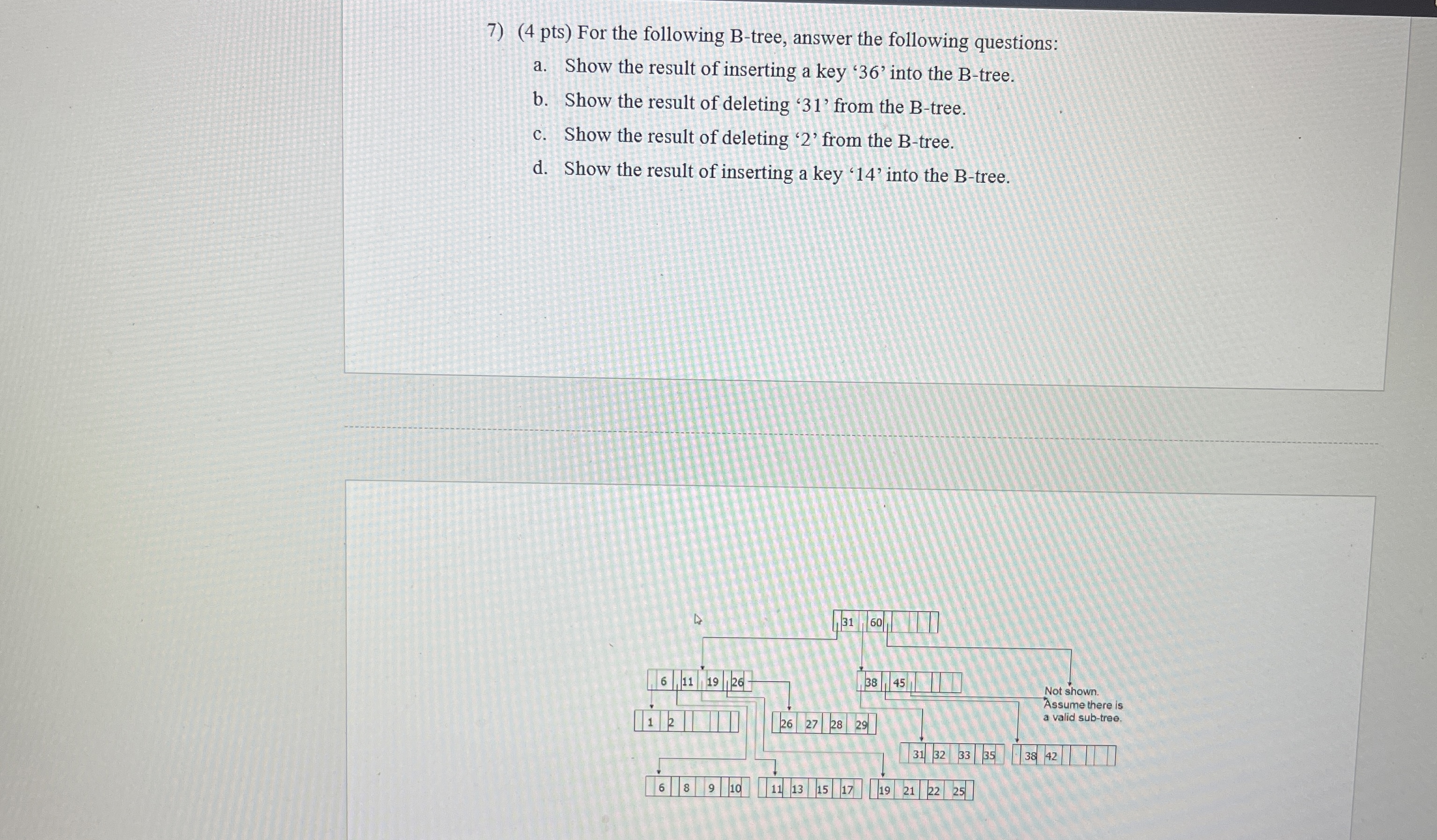 ( 4 pts ) For the following B - tree, answer the