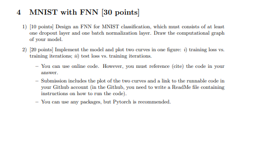 4 MNIST with FNN [ 3 0 points ] 1 ) [ 1 0 points