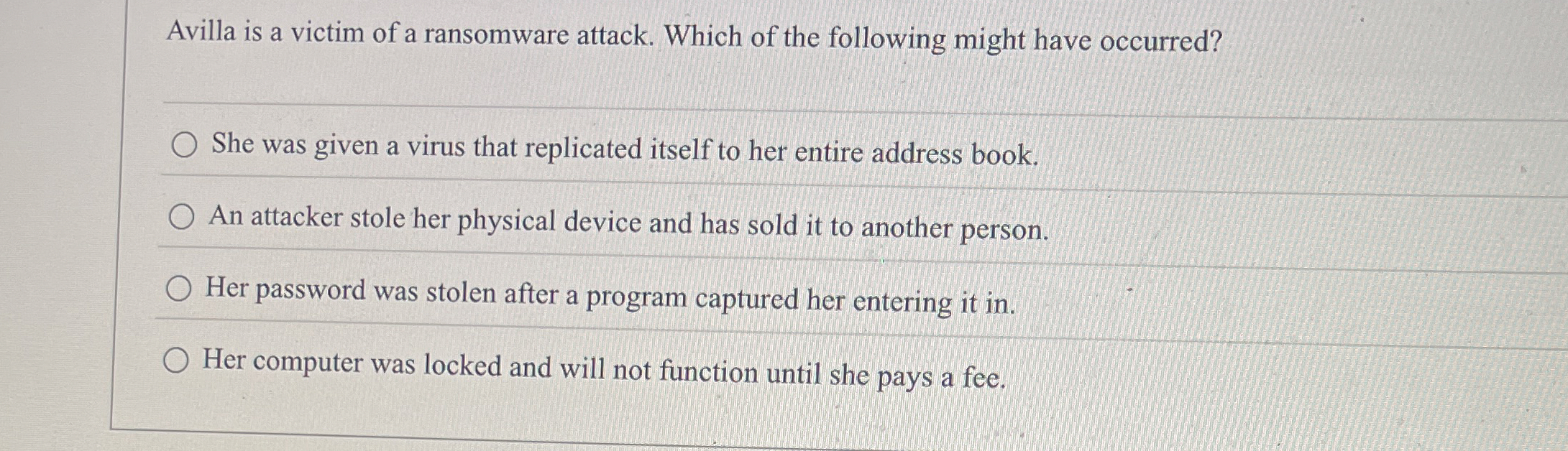 Avilla is a victim of a ransomware attack. Which