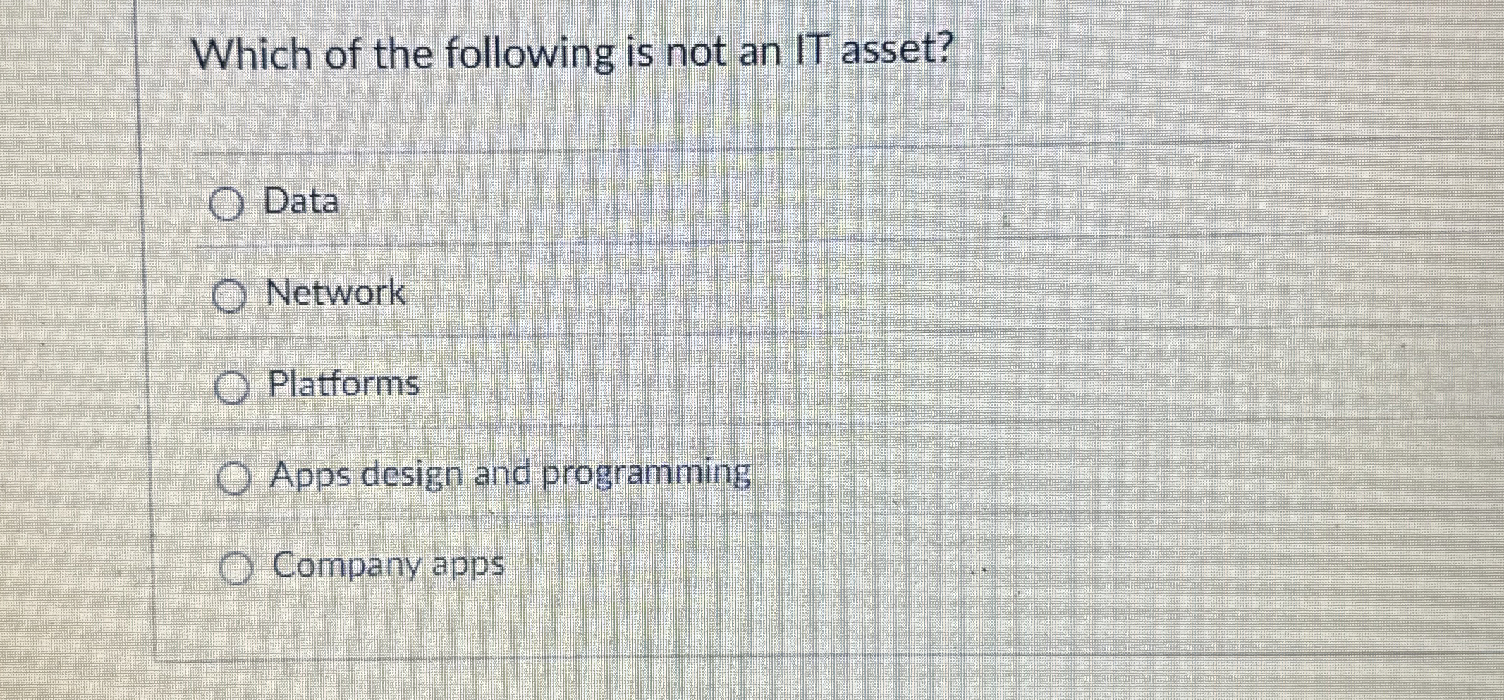 Which of the following is not an IT asset? Data