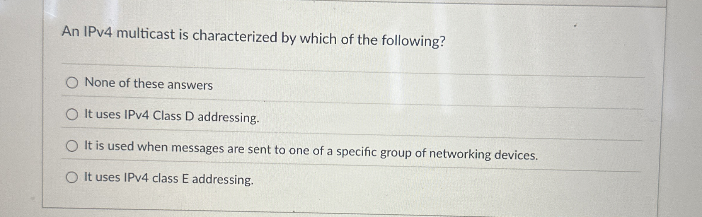 An IPv 4 multicast is characterized by which of