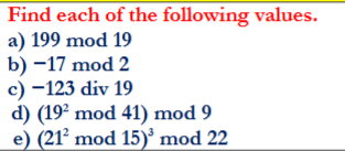 Find each of the following values. a ) 1 9 9 mod