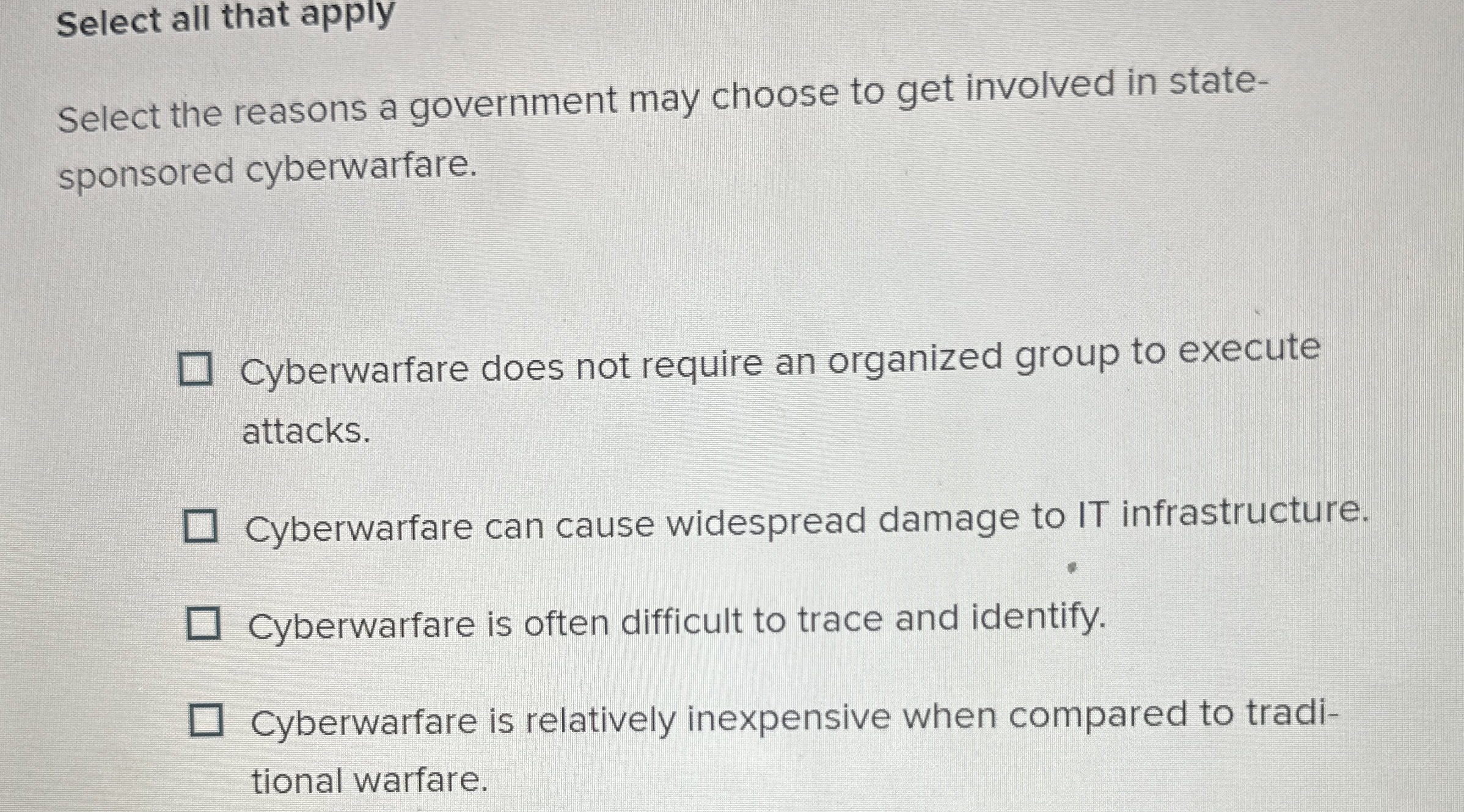 Select all that apply Select the reasons a