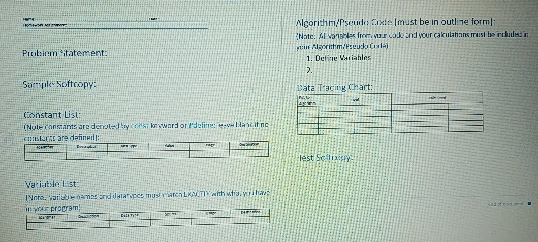 Algorithm / Pseudo Code ( must be in outline form