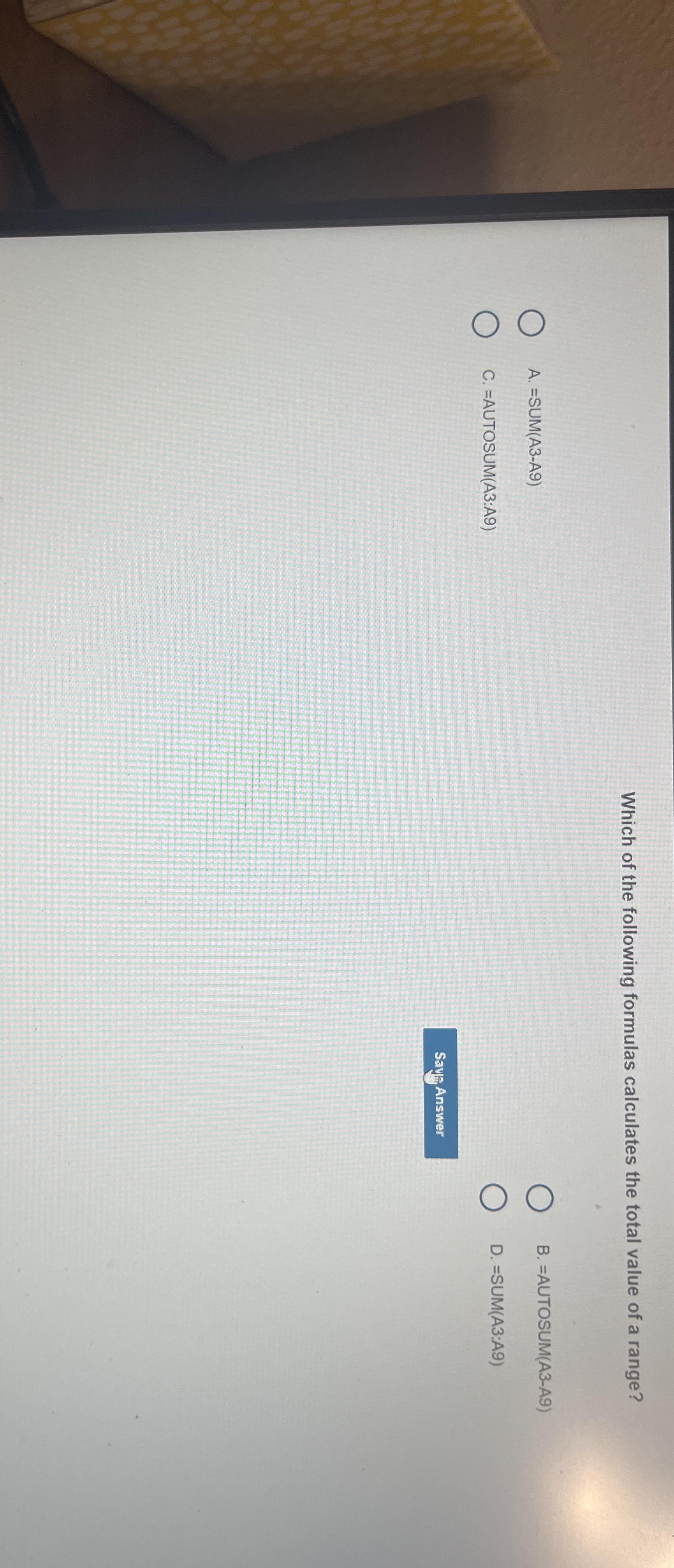 Which of the following formulas calculates the