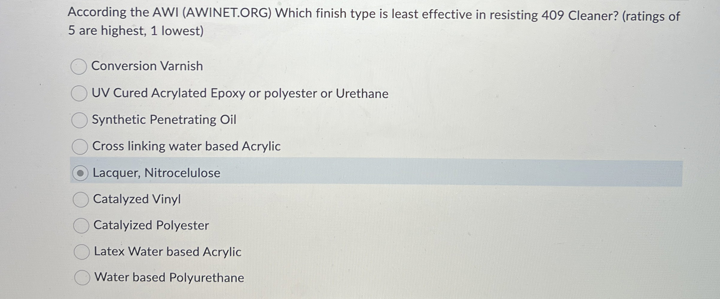 According the AWI ( AWINET.ORG ) Which finish