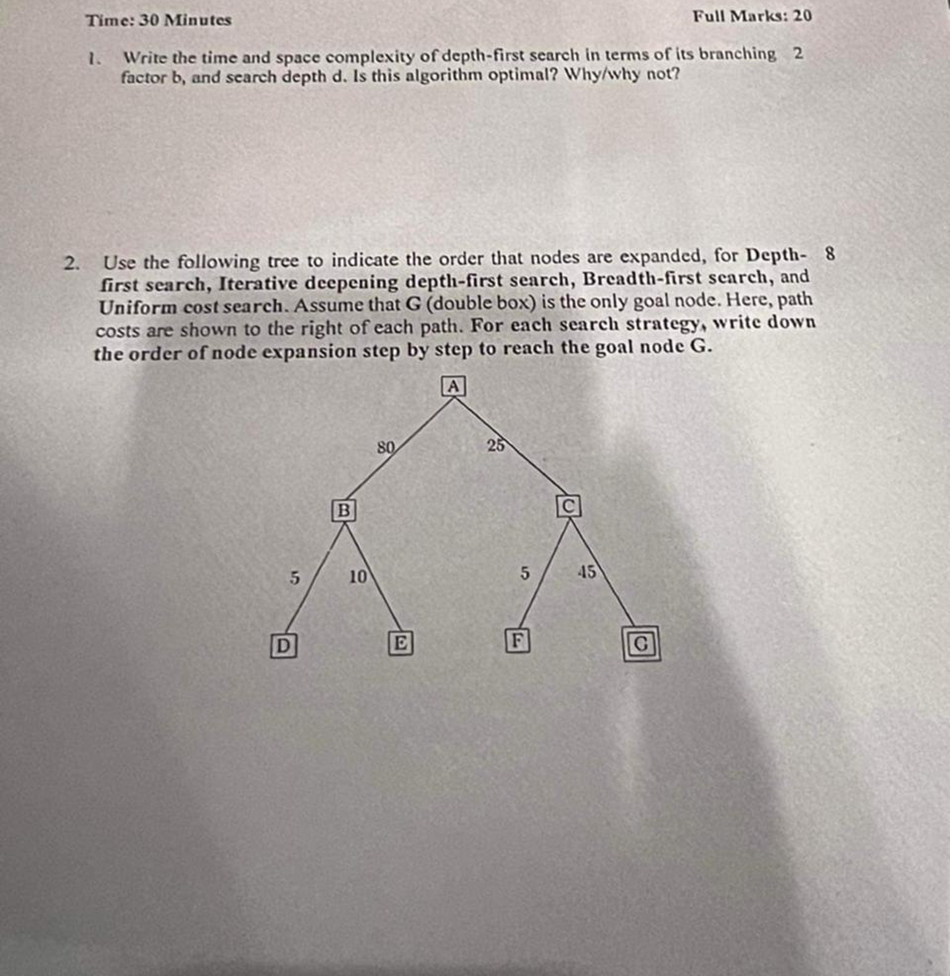 1 . Write the time and space complexity of depth