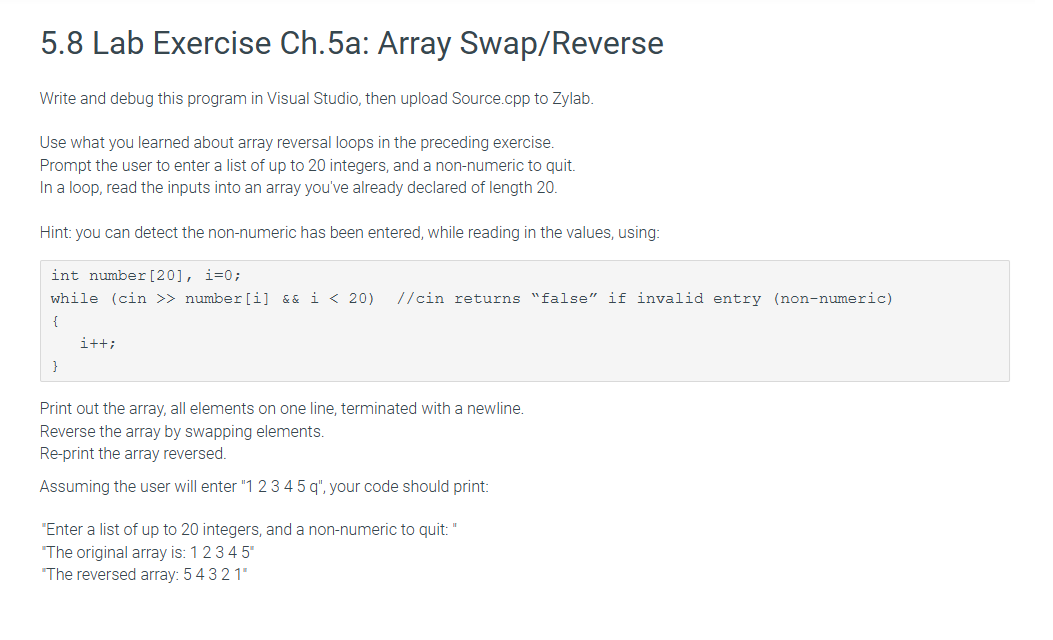 5 . 8 Lab Exercise Ch . 5 a: Array Swap / Reverse