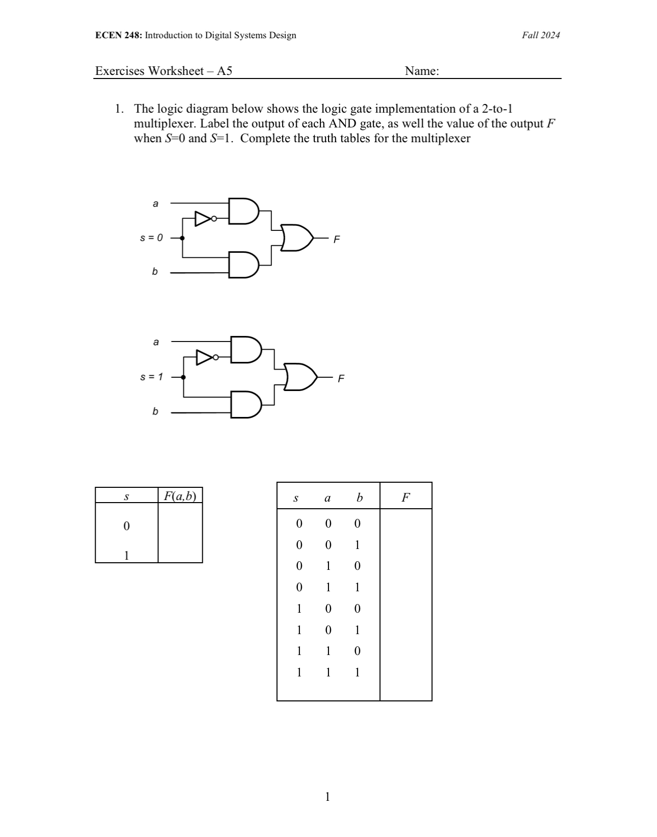 Exercises Worksheet - A 5 Name: The logic diagram