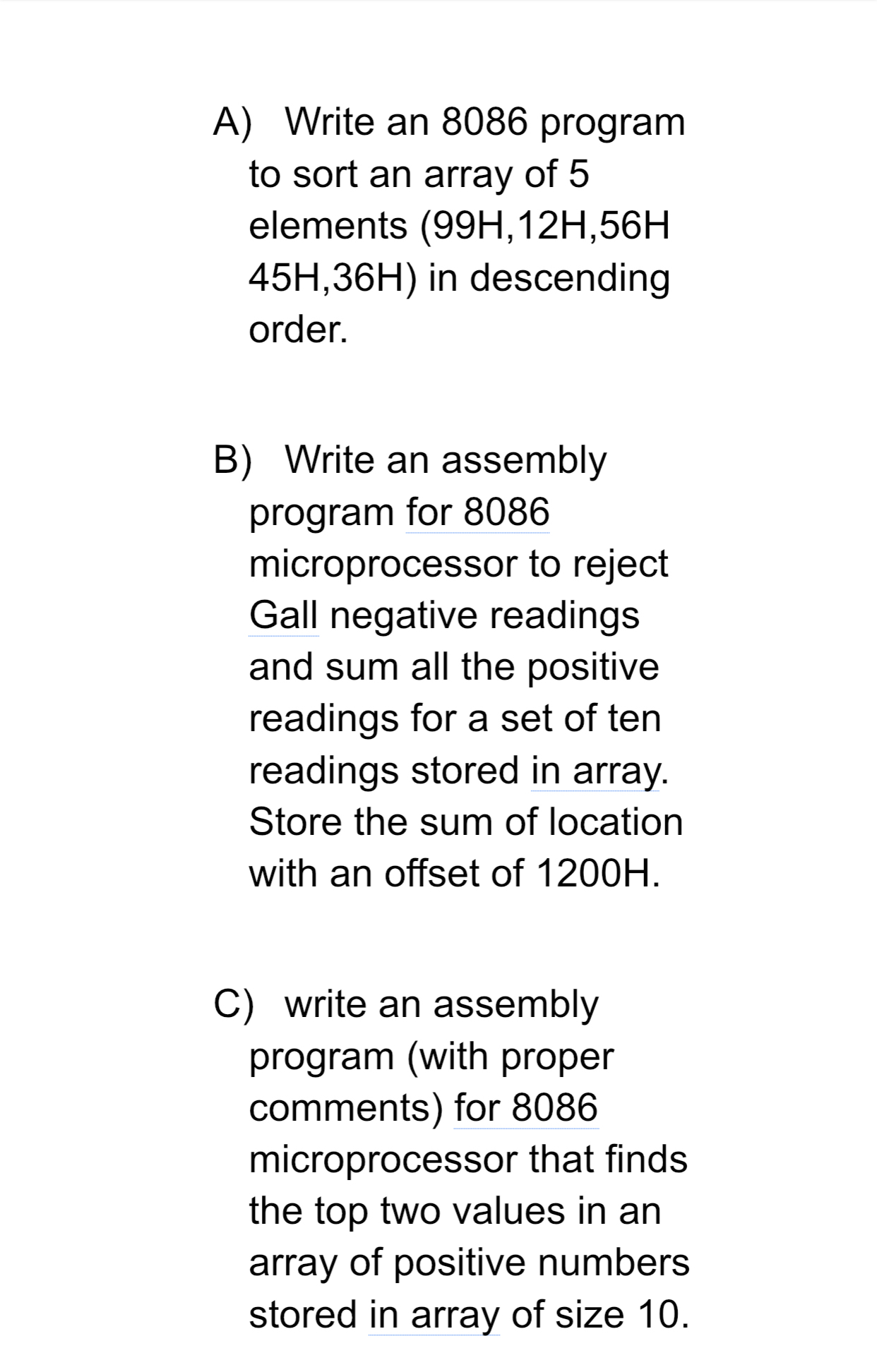 A ) Write an 8 0 8 6 program to sort an array of