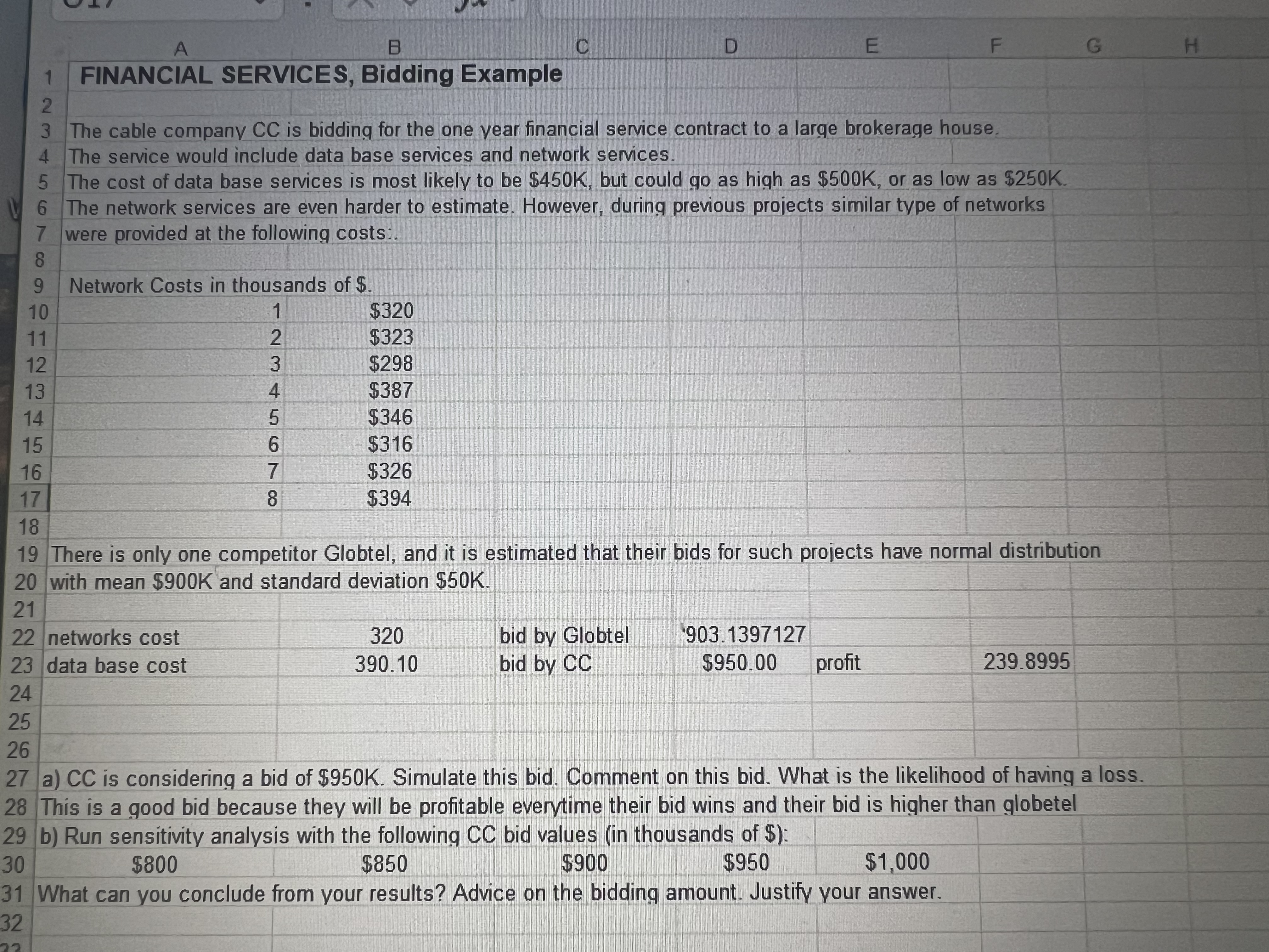 FINANCIAL SERVICES, Bidding Example The cable