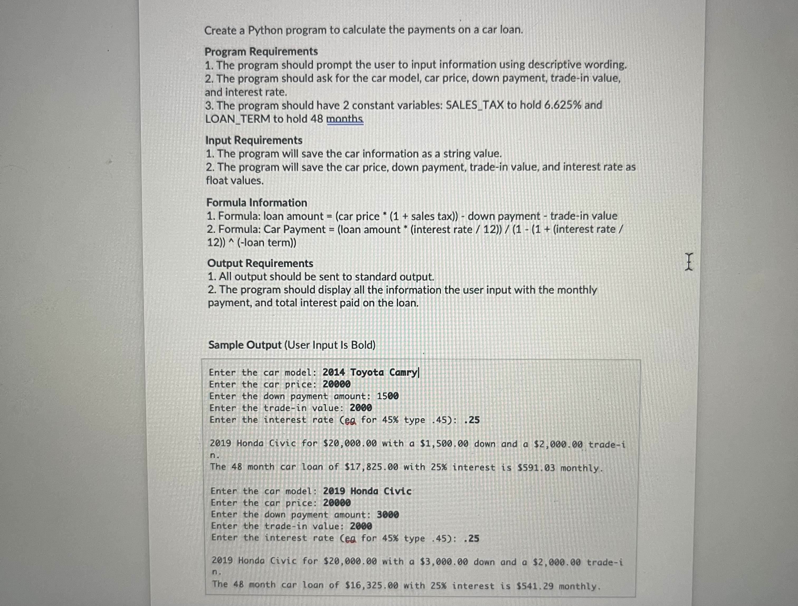 Create a Python program to calculate the payments