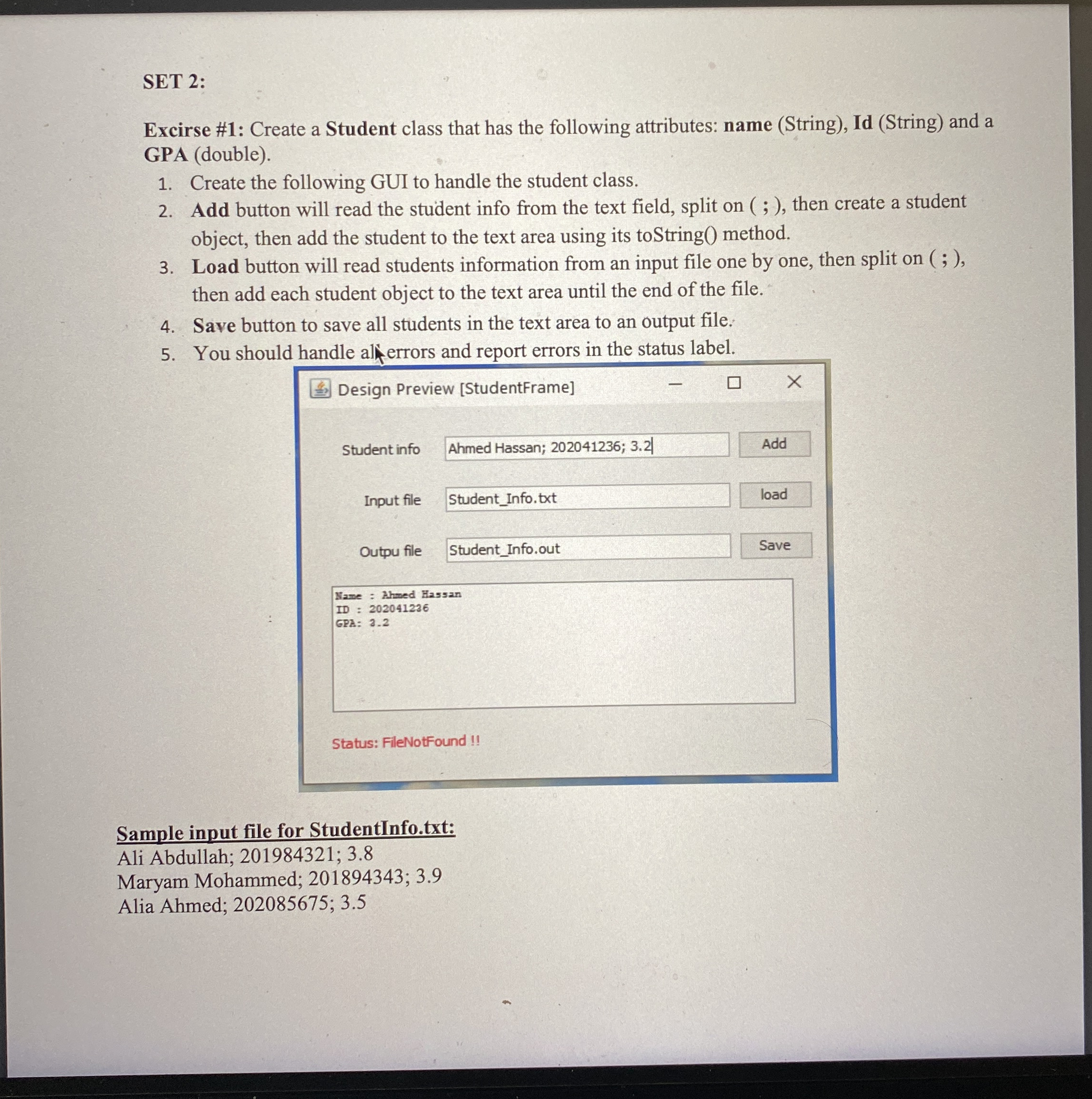SET 2 : Excirse # 1 : Create a Student class that