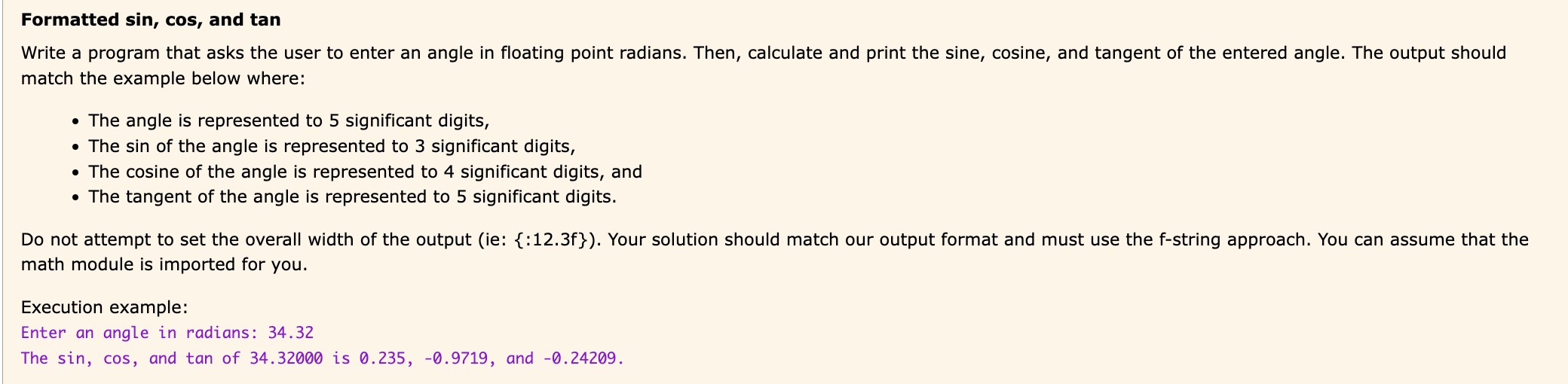 Formatted sin , cos , and tan Write a python