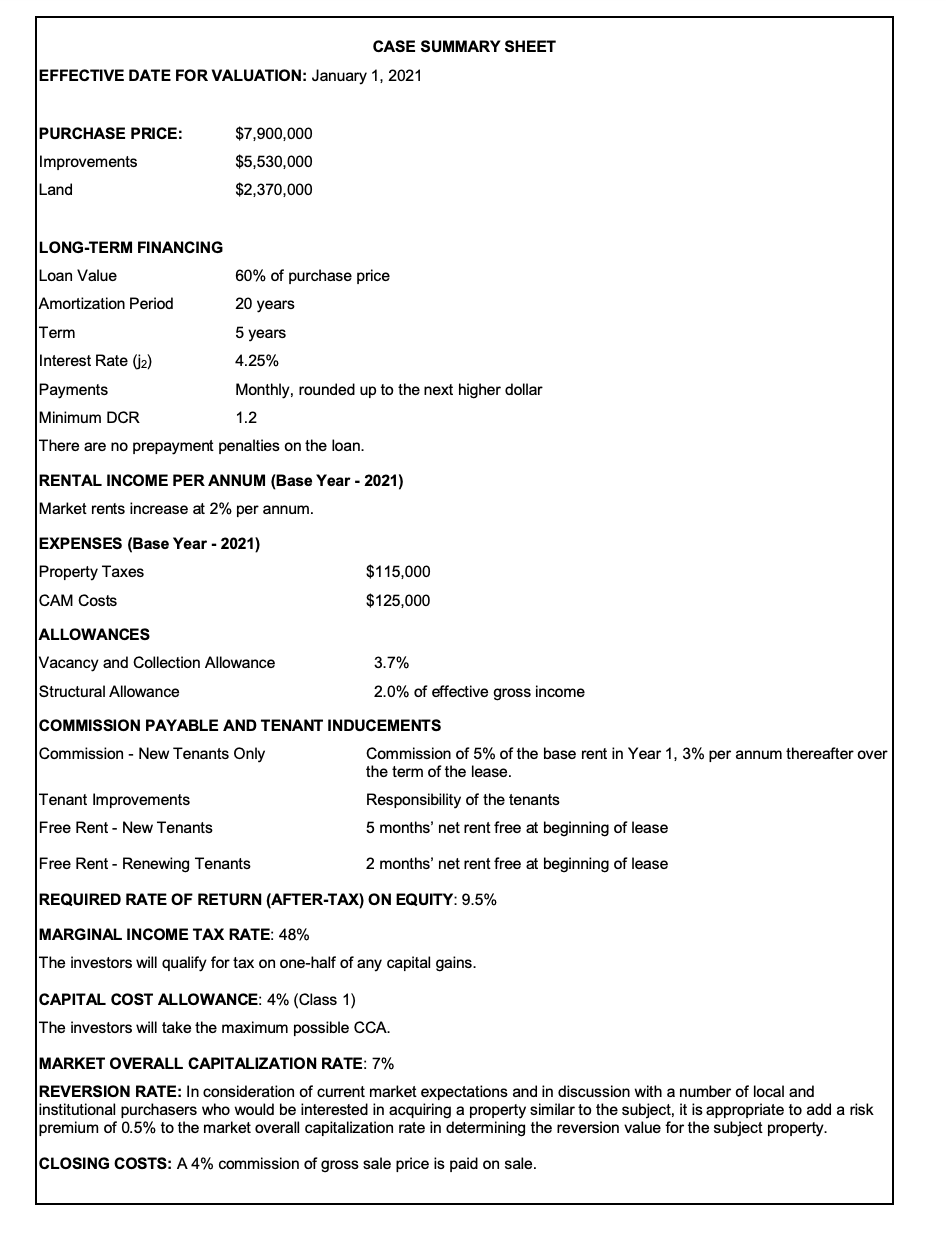 CASE SUMMARY SHEET EFFECTIVE DATE FOR VALUATION: