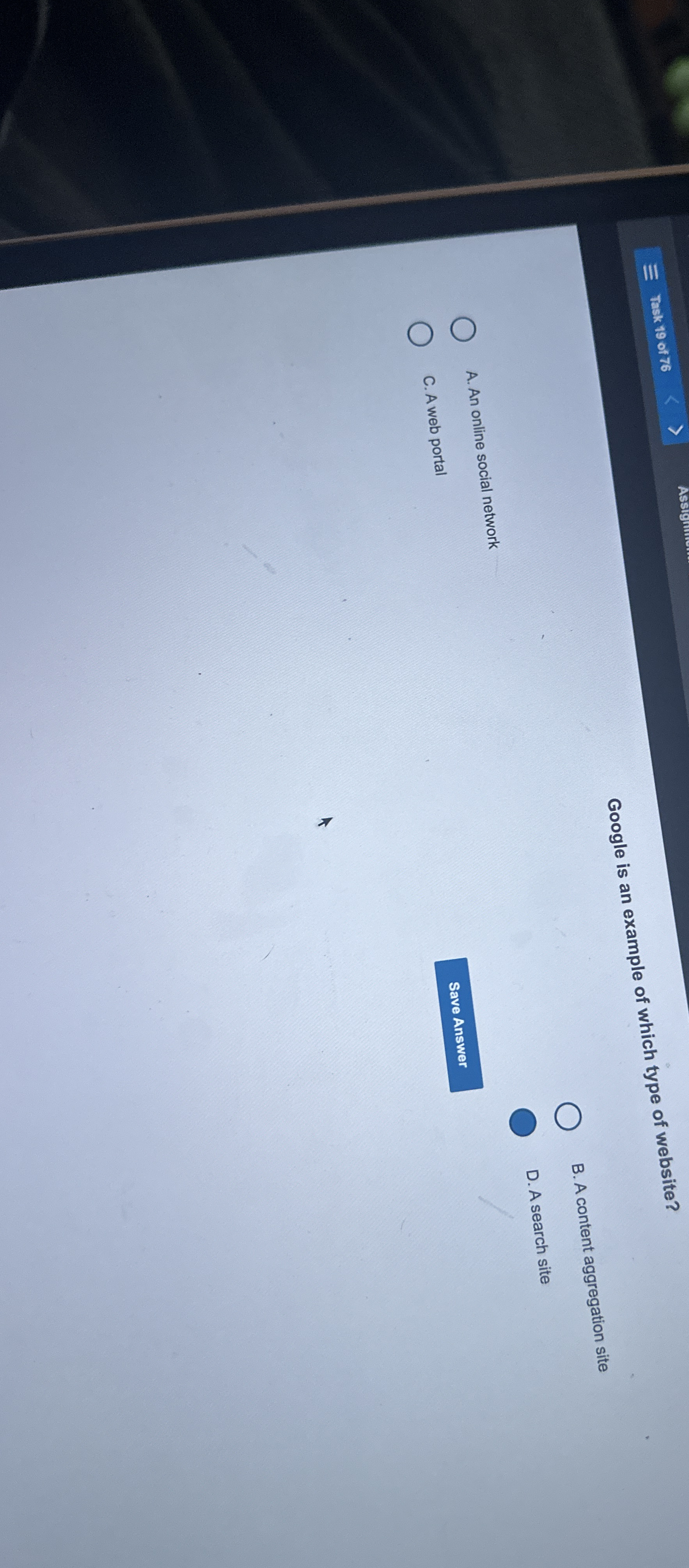 Task 1 9 of 7 6 Google is an example of which