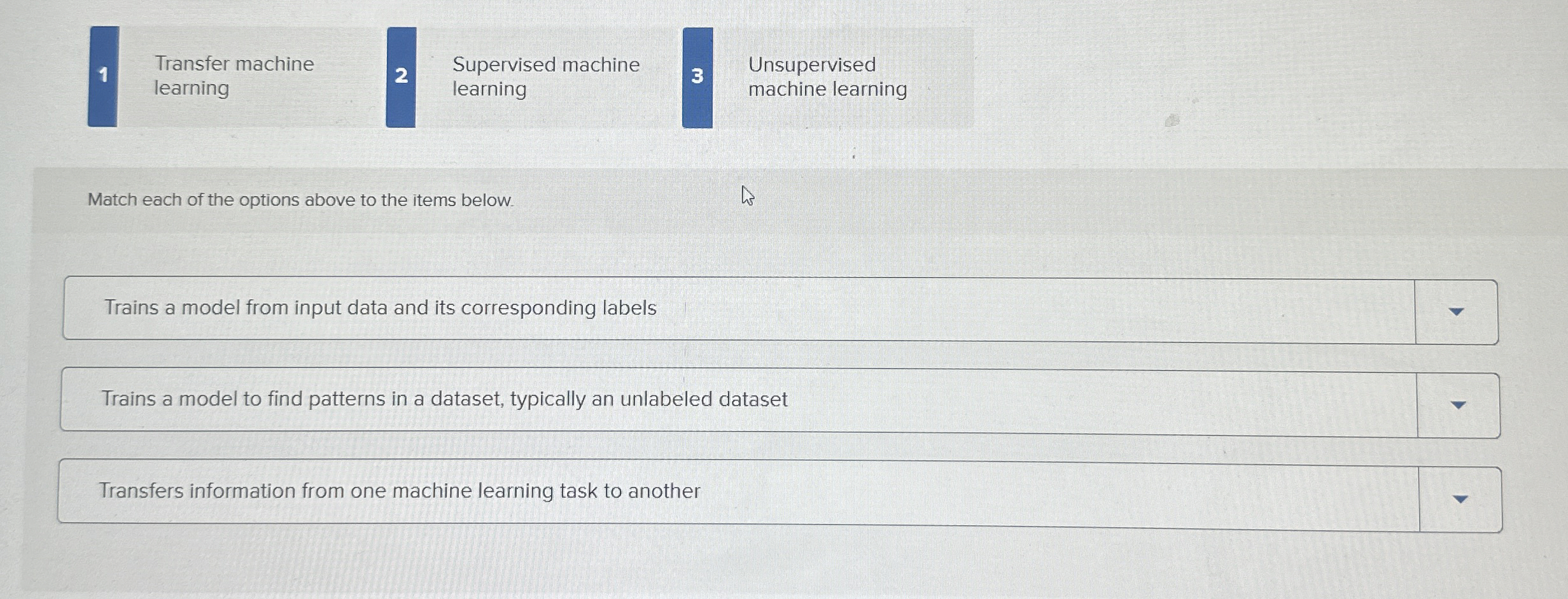 Match each of the options above to the items