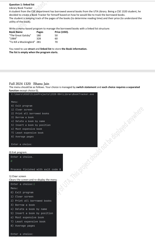 Question 1 : linked list Library Book Tracker A