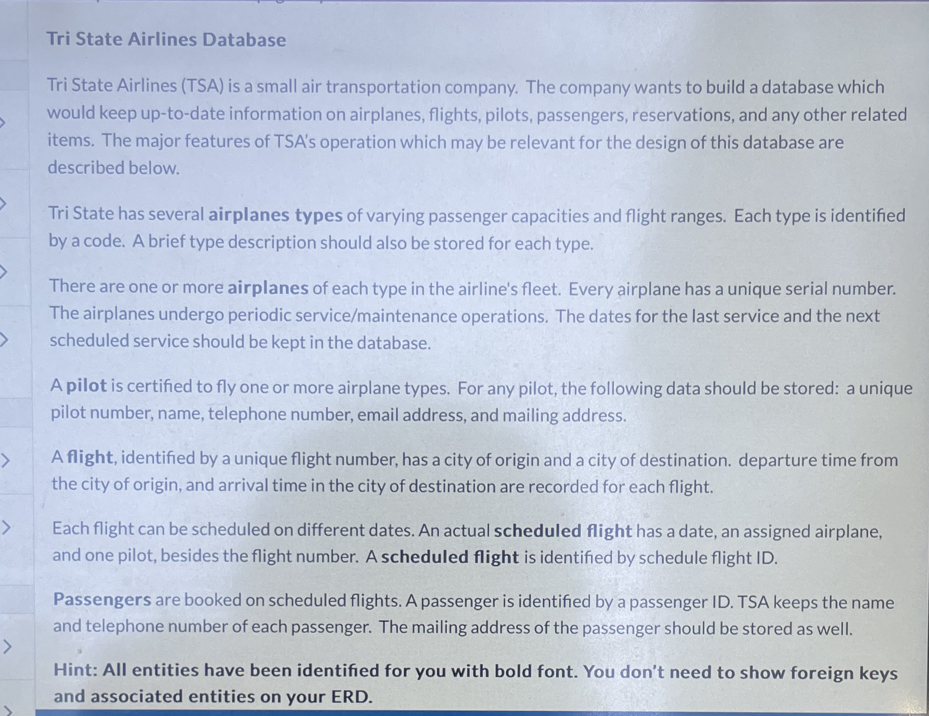 Tri State Airlines Database Tri State Airlines (