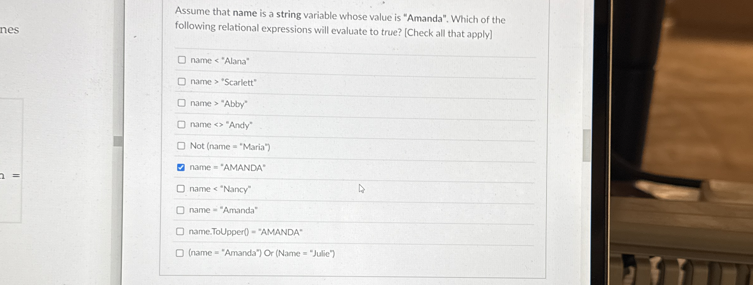 Assume that name is a string variable whose value
