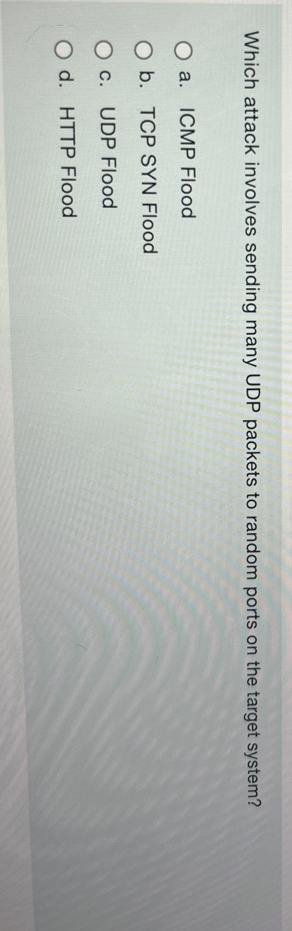 Which attack involves sending many UDP packets to