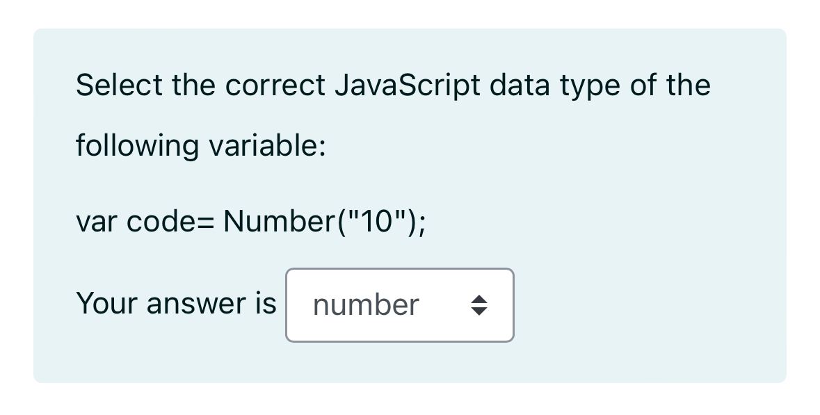 Select the correct JavaScript data type of the