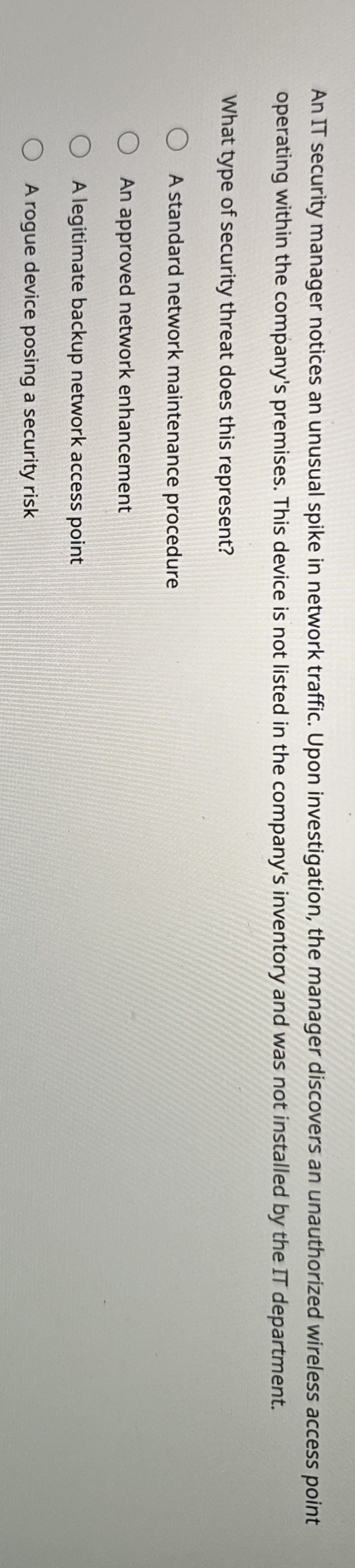 An IT security manager notices an unusual spike