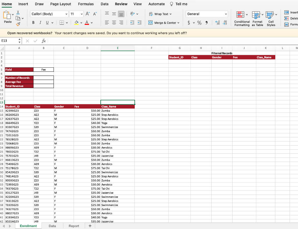 The instructors for each class are listed on the