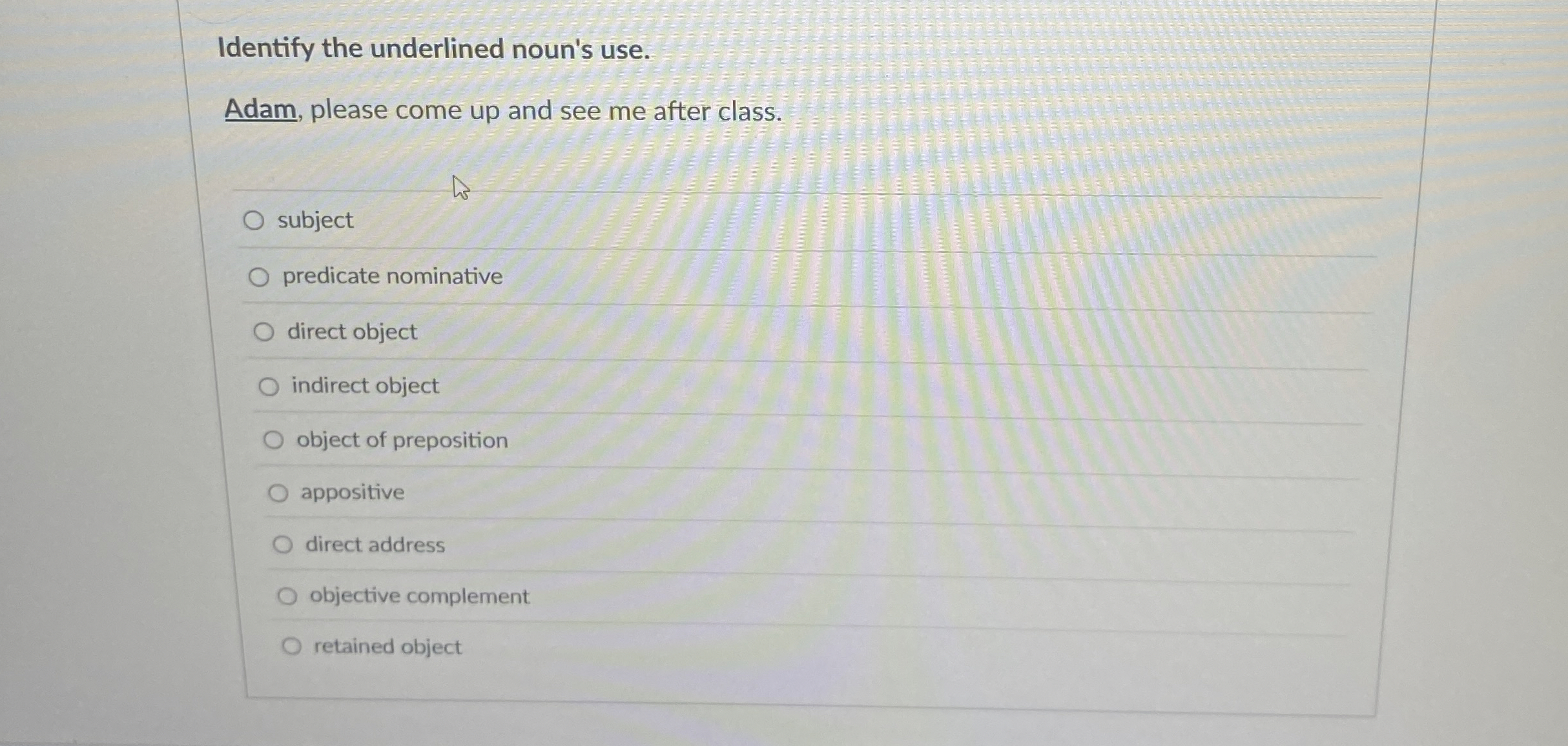 Identify the underlined noun's use. Adam, please