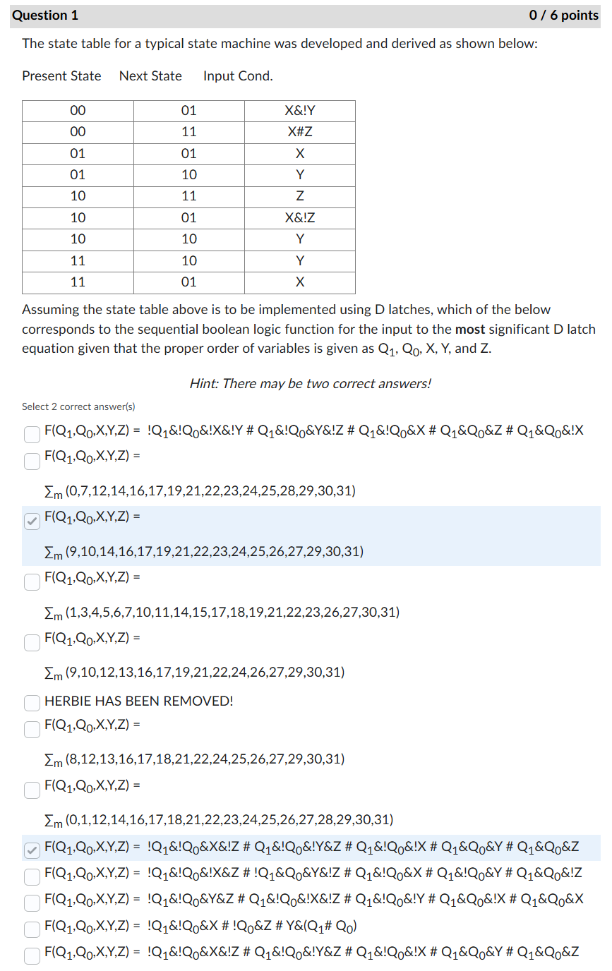 Question 1 The state table for a typical state