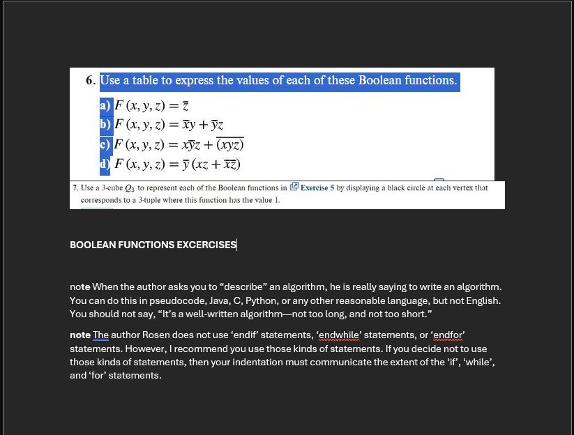 Use a table to express the values of each of