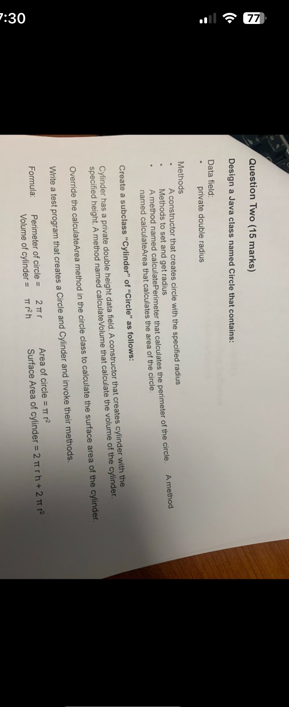 Question Two ( 1 5 marks ) Design a Java class