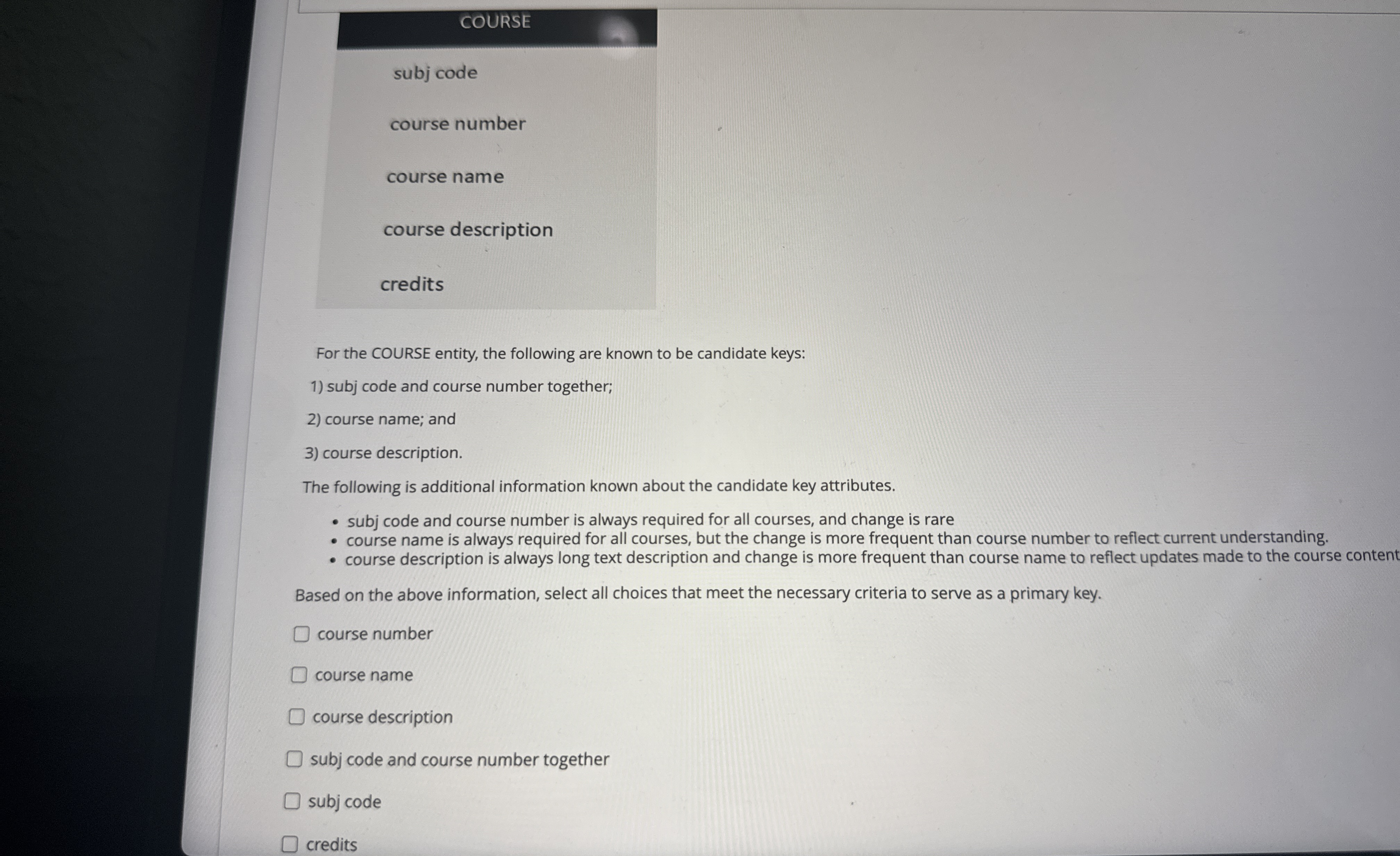 subj code course number course name course