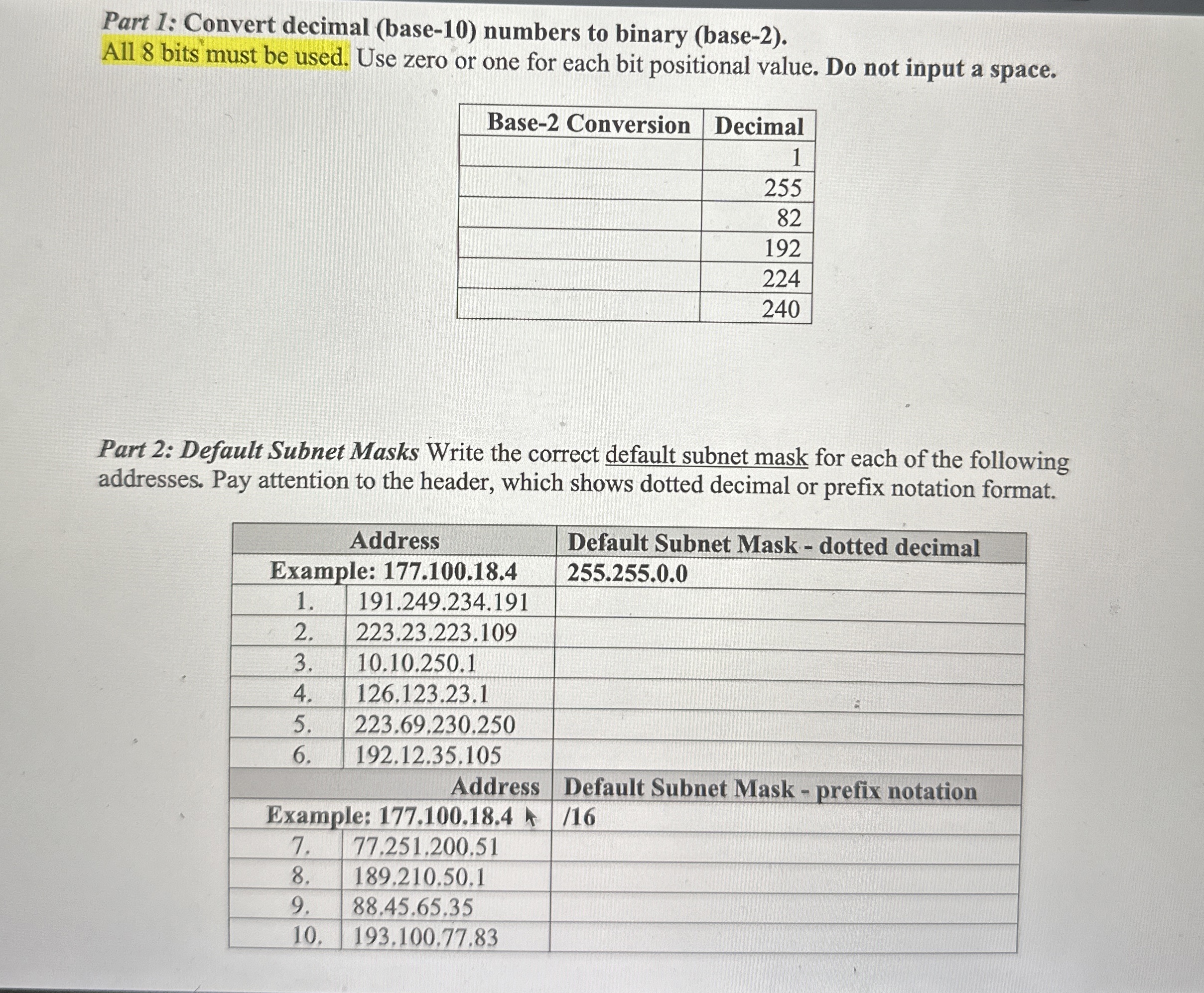 Part 1 : Convert decimal ( base - 1 0 ) numbers