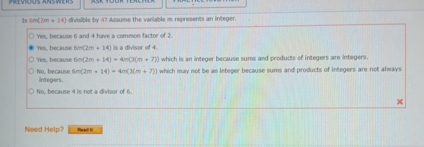 Is 6 m ( 2 m + 1 4 ) divisible by 4 ? Assume the