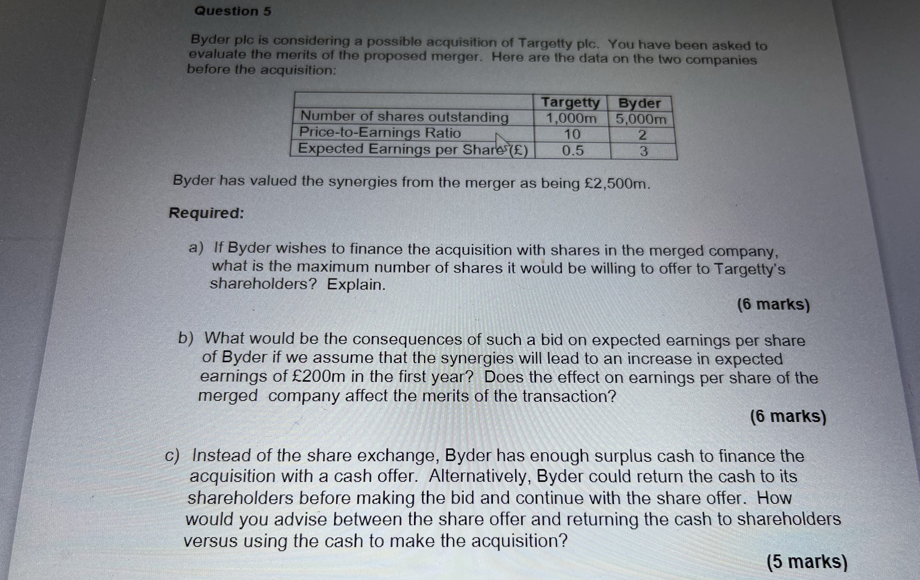 Help ans qns Question 5 Byder plc is considering