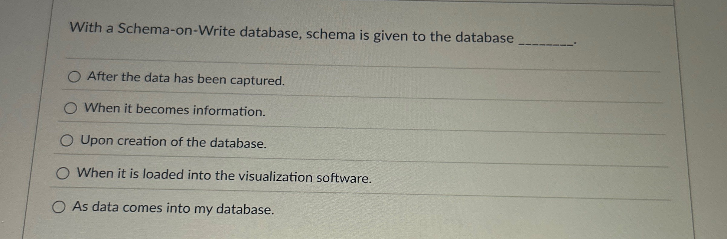 With a Schema - on - Write database, schema is