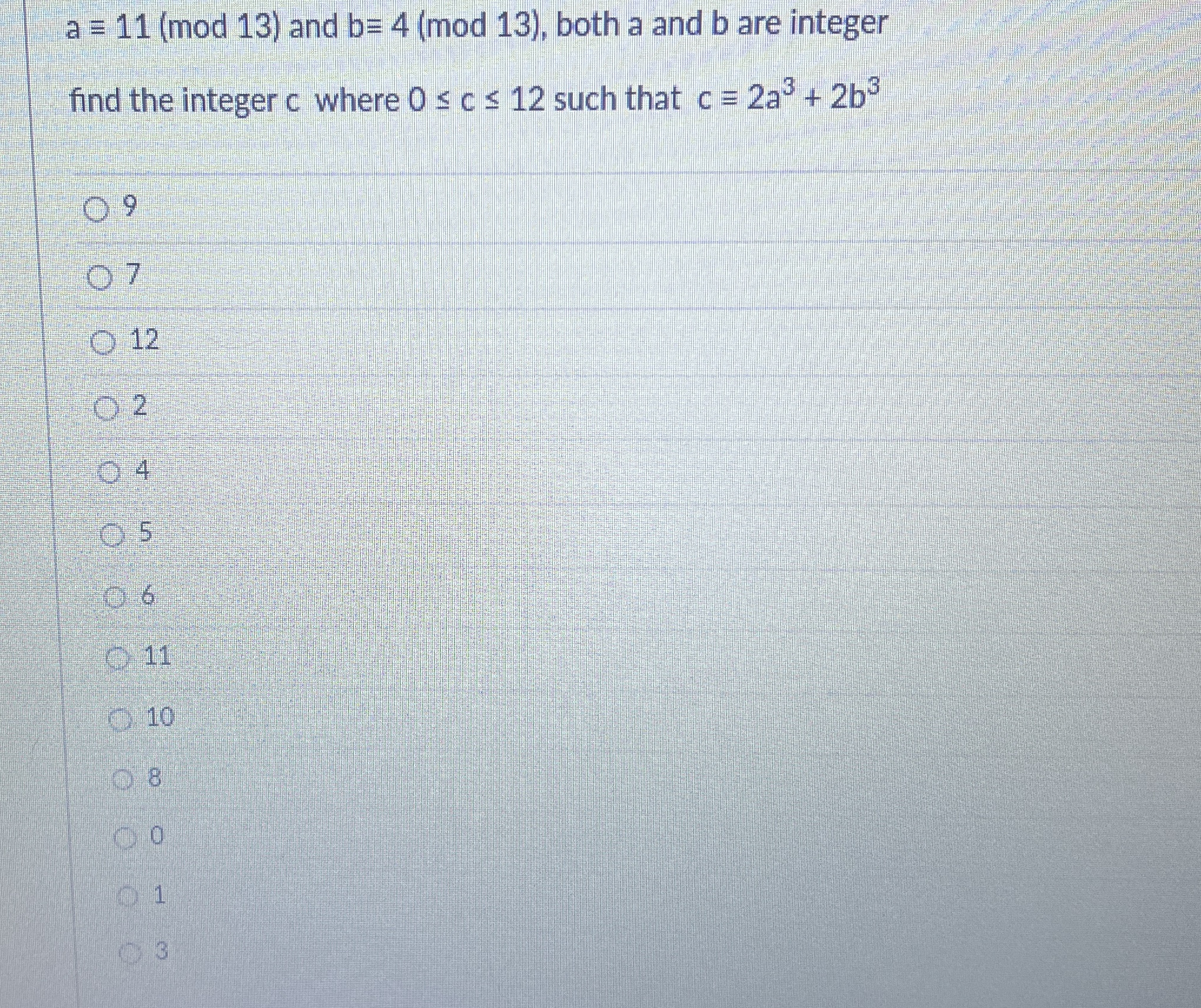 a - = 1 1 ( m o d 1 3 ) and b - = 4 ( m o d 1 3 )